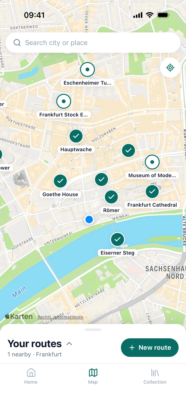 Wandelo map of Frankfurt: old-town places ticked off, the stock exchange and Eschenheimer Turm still open
