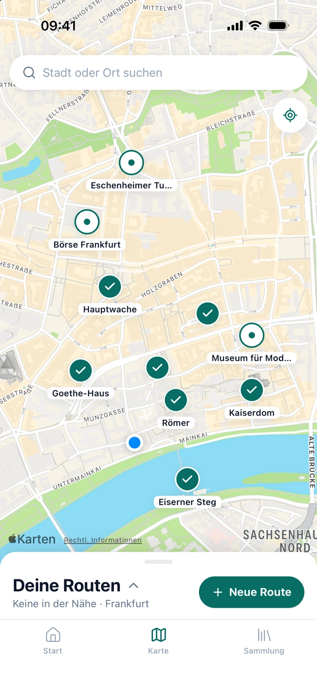 Wandelo-Karte von Frankfurt: Altstadt-Orte mit Haken, Börse und Eschenheimer Turm noch offen