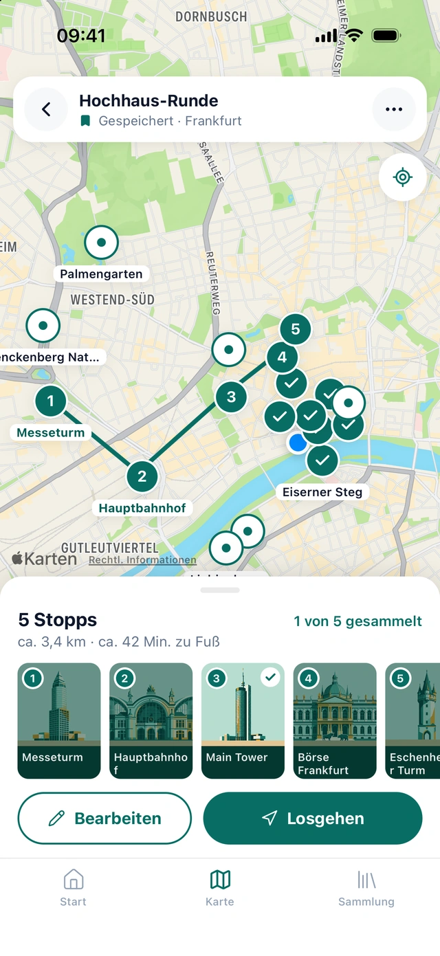 Gespeicherte Hochhaus-Runde mit 5 Stopps, 3,4 Kilometer, 42 Minuten zu Fuß, Knopf Losgehen