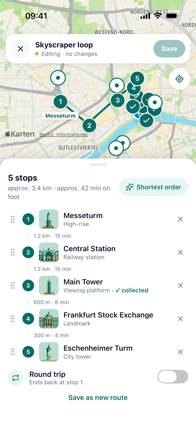 Stop list of the Skyscraper loop with walking times, shortest order and round trip