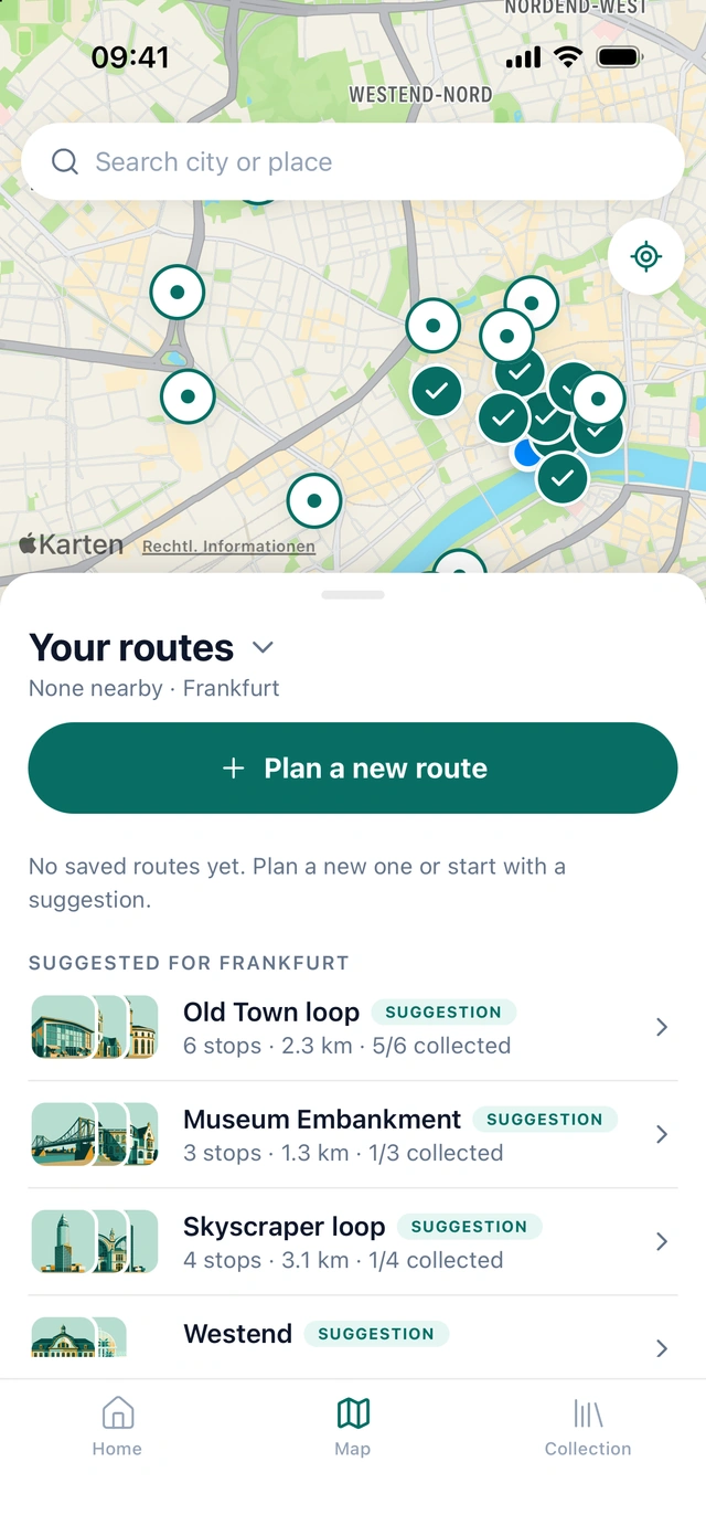 Suggested routes for Frankfurt: Old Town loop, Museum Embankment, Skyscraper loop
